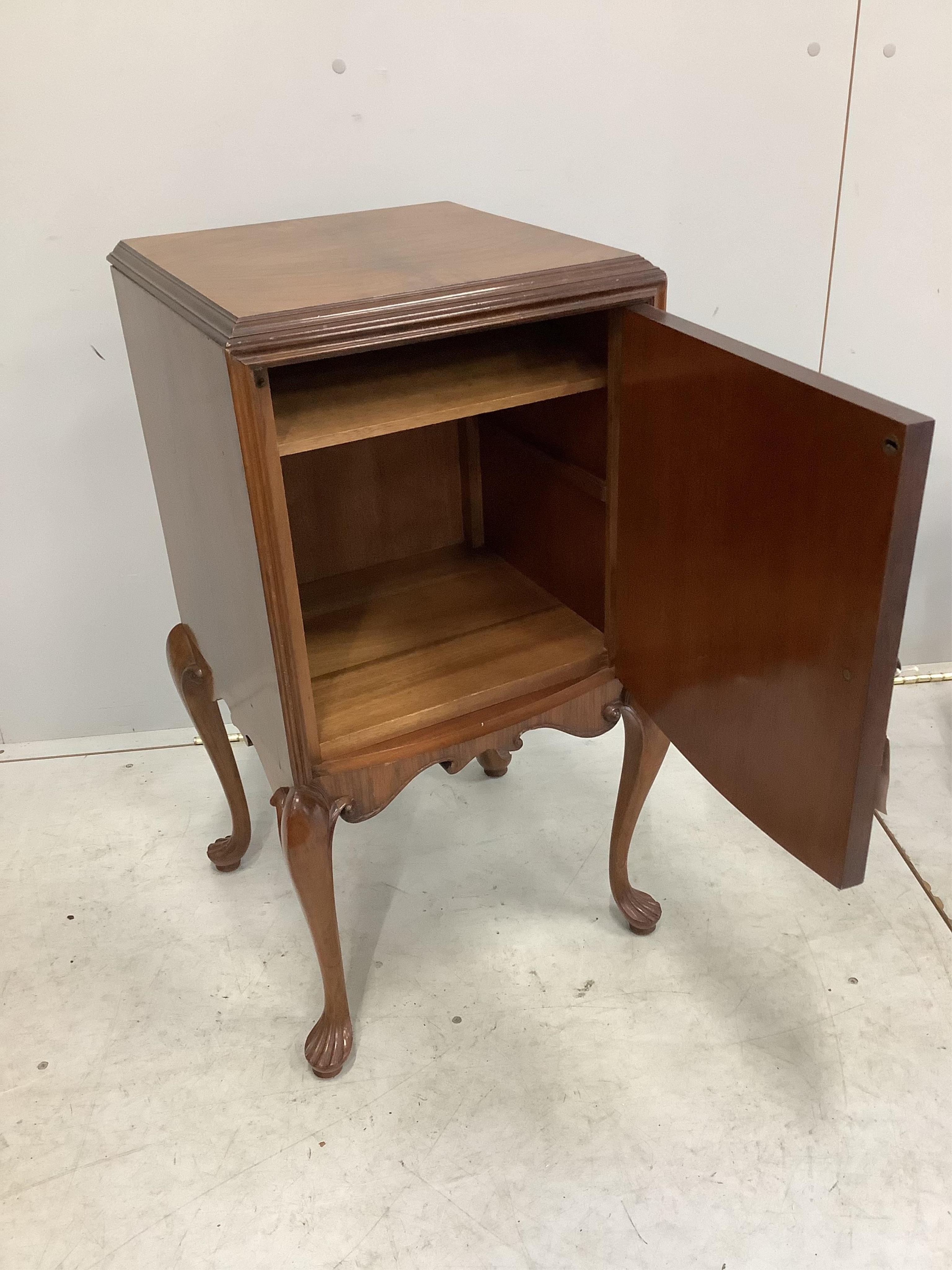 A Queen Anne Revival walnut bedside cabinet and wine table, width 42cm, depth 40cm, height 77cm, together with a Queen Anne Revival walnut wine table. Condition - fair to good